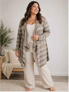 Barefoot Dreams Bamboo Chic Lite Cardigan 1X Taupe Stripe Cozy Soft Loungewear